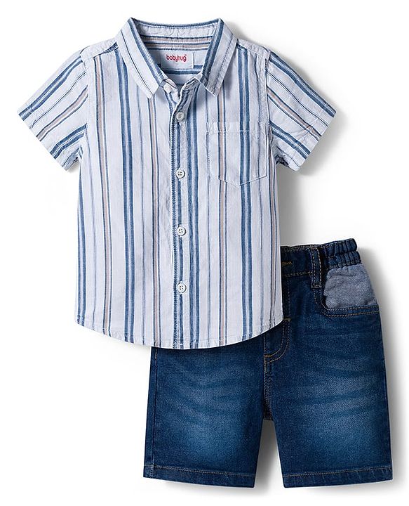 Babyhug Cotton Knit Half Sleeves Striped Shirt & Shorts Set - Blue