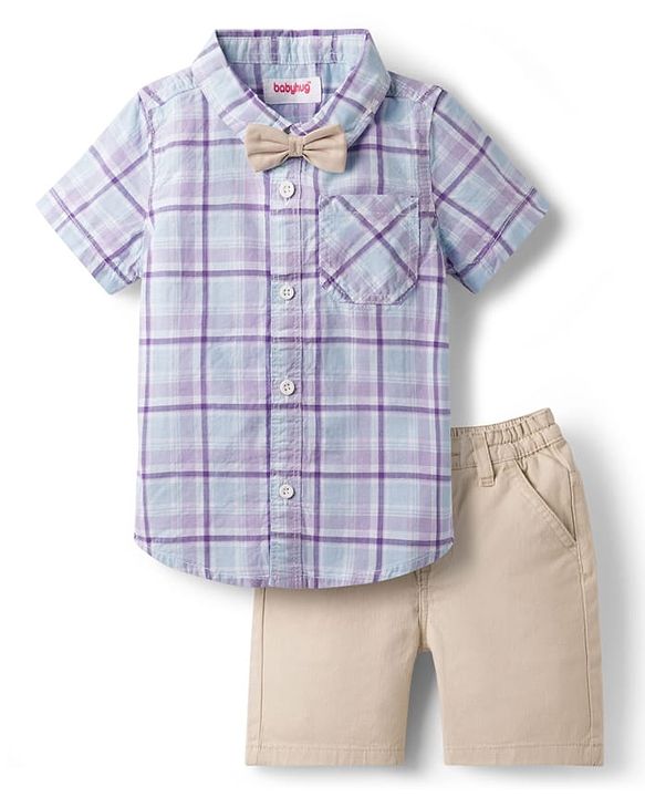 Babyhug Cotton Knit Half Sleeves Shirt & Shorts Set with Bow & Checks Print - White & Beige
