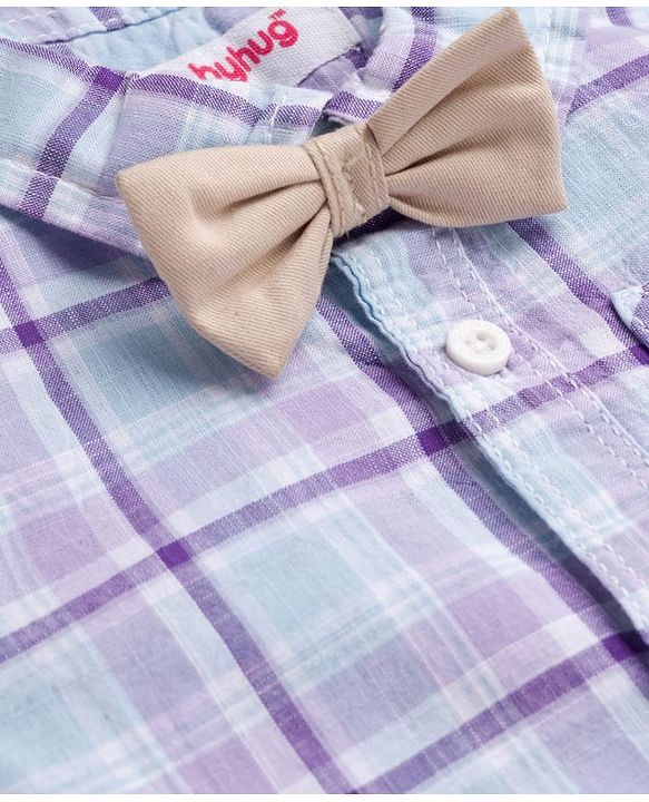 Babyhug Cotton Knit Half Sleeves Shirt & Shorts Set with Bow & Checks Print - White & Beige