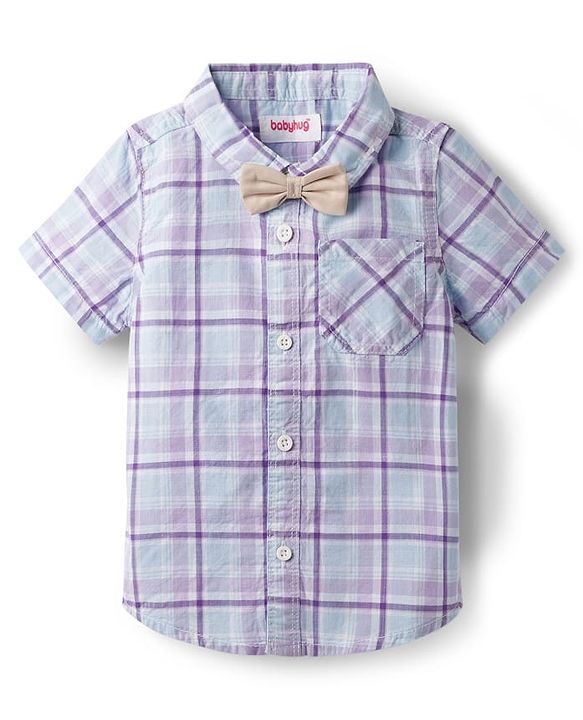 Babyhug Cotton Knit Half Sleeves Shirt & Shorts Set with Bow & Checks Print - White & Beige