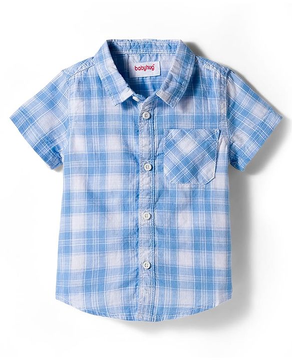 Babyhug Cotton Knit Half Sleeves Checks Shirt & Shorts Set With Bow - Blue