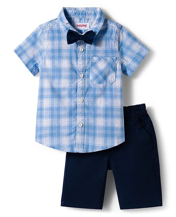 Babyhug Cotton Knit Half Sleeves Checks Shirt & Shorts Set With Bow - Blue