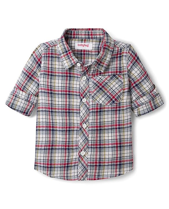 Babyhug Cotton Knit Full Sleeves Checkered Shirt & Trouser Set - Beige