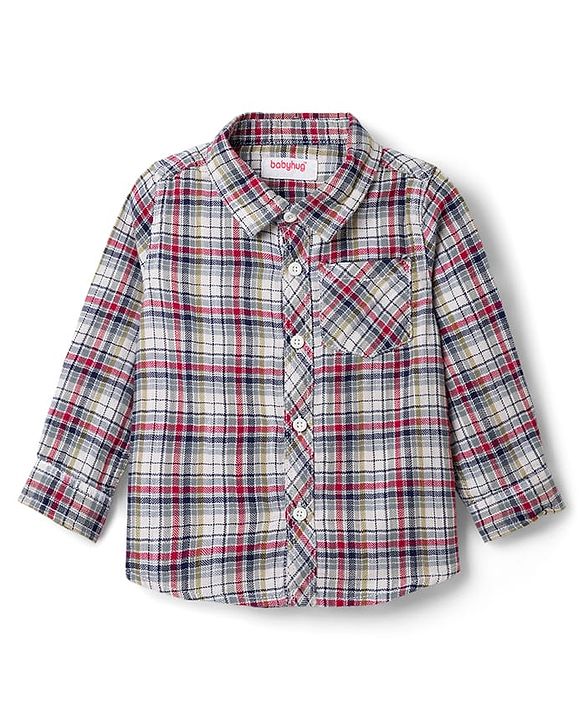 Babyhug Cotton Knit Full Sleeves Checkered Shirt & Trouser Set - Beige