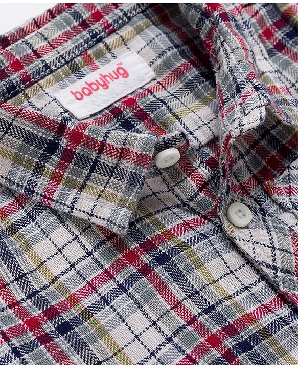 Babyhug Cotton Knit Full Sleeves Checkered Shirt & Trouser Set - Beige