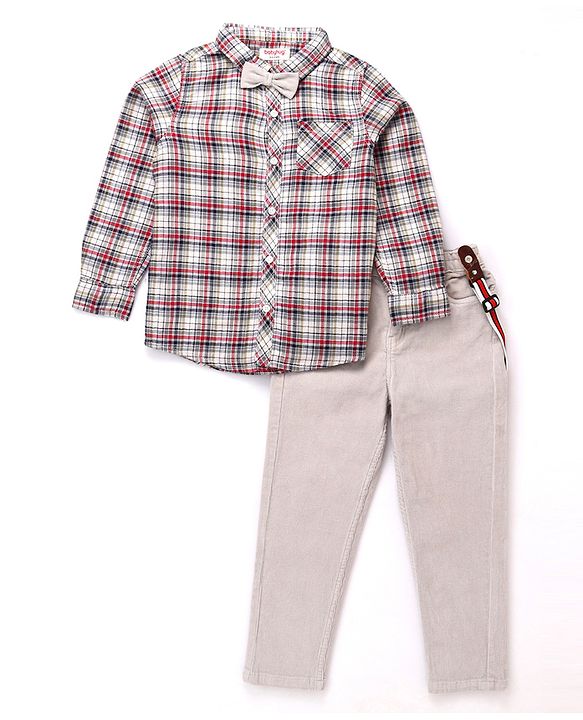 Babyhug Cotton Knit Full Sleeves Checkered Shirt & Trouser Set - Beige