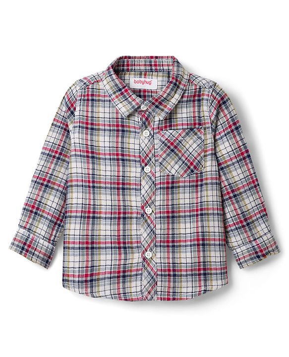 Babyhug Cotton Knit Full Sleeves Checkered Shirt & Trouser Set - Beige