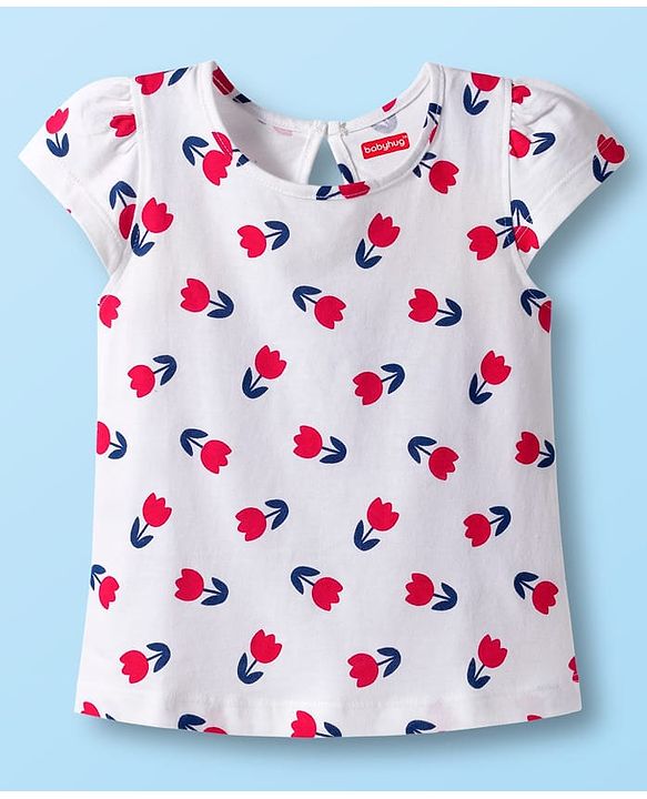 Babyhug 100% Cotton Knit Half Sleeves T-Shirts with Floral & Have A Nice Day Text Print Pack of 3 - Navy Blue Red & White