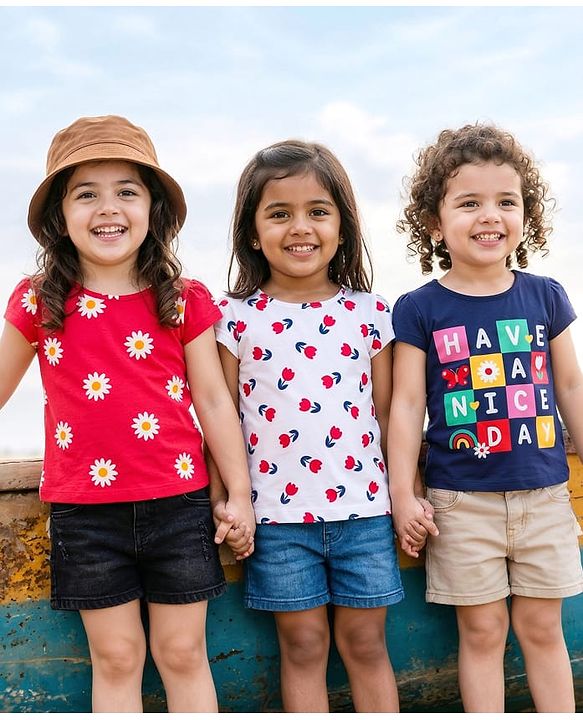 Babyhug 100% Cotton Knit Half Sleeves T-Shirts with Floral & Have A Nice Day Text Print Pack of 3 - Navy Blue Red & White