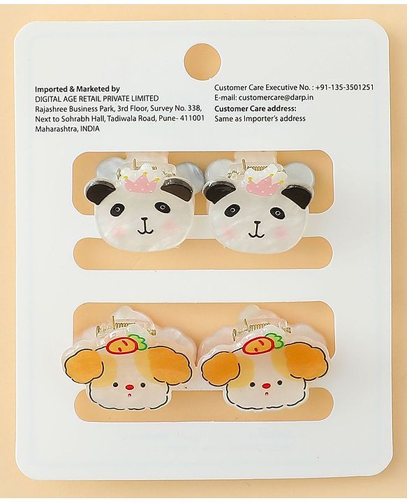 Babyhug Hair Clip with Panda & Puppy  Applique Pack of 4 -  Multicolor
