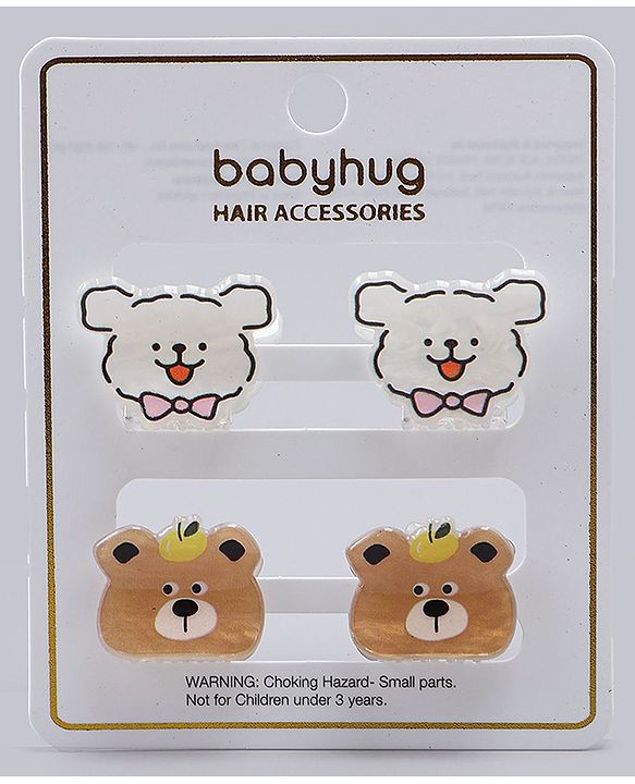 Babyhug Hair Clips with Bear & Puppy Applique Pack of 2 - white & Brown