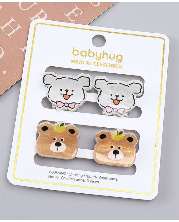 Babyhug Hair Clips with Bear & Puppy Applique Pack of 2 - white & Brown