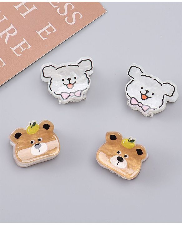 Babyhug Hair Clips with Bear & Puppy Applique Pack of 2 - white & Brown