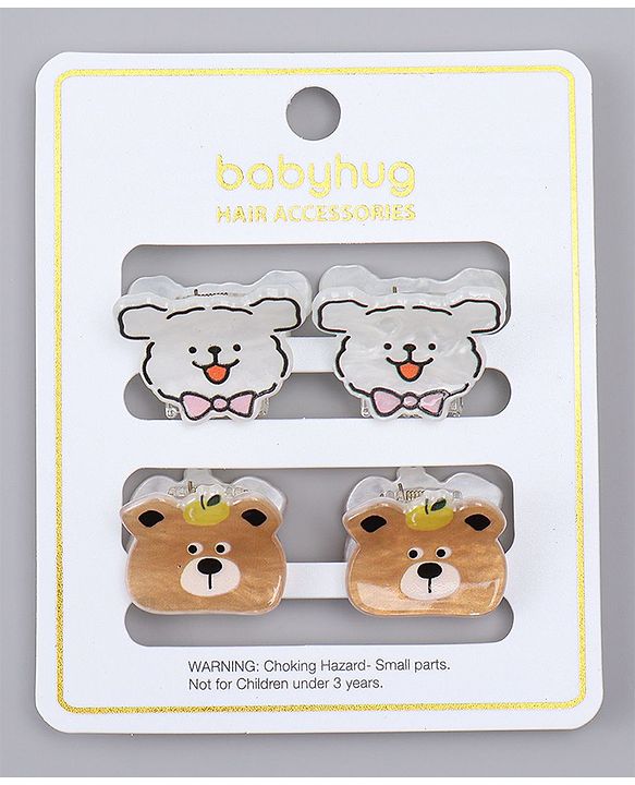 Babyhug Hair Clips with Bear & Puppy Applique Pack of 2 - white & Brown