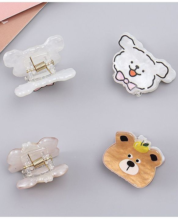 Babyhug Hair Clips with Bear & Puppy Applique Pack of 2 - white & Brown
