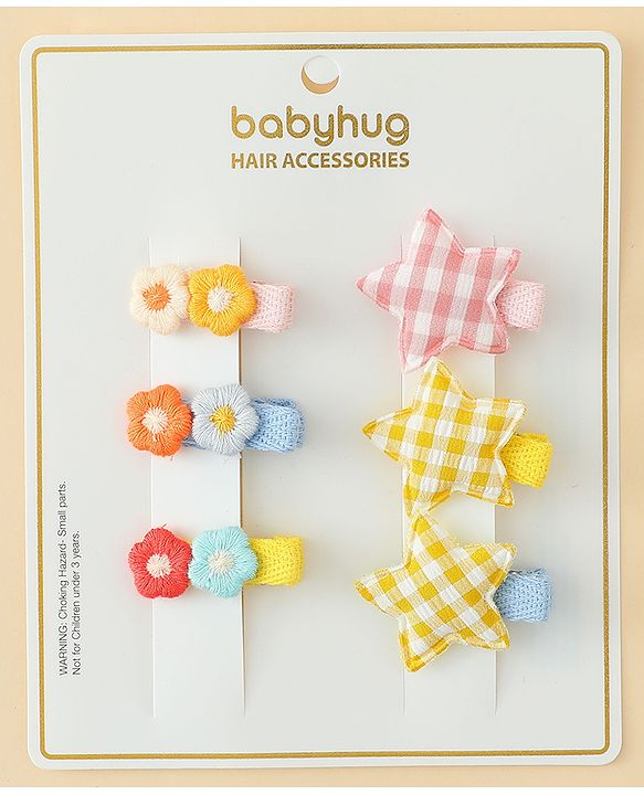 Babyhug Hair Clips with Star & Floral Applique Pack of 6 - Blue Pink