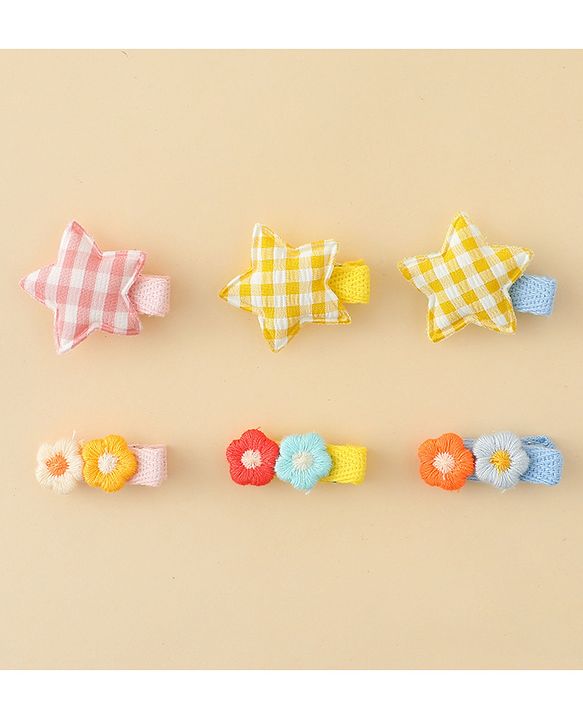Babyhug Hair Clips with Star & Floral Applique Pack of 6 - Blue Pink