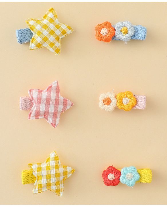 Babyhug Hair Clips with Star & Floral Applique Pack of 6 - Blue Pink