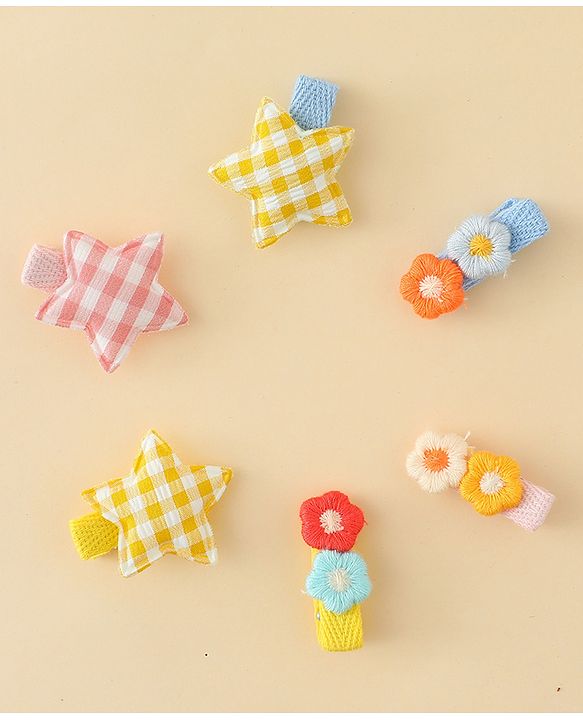 Babyhug Hair Clips with Star & Floral Applique Pack of 6 - Blue Pink