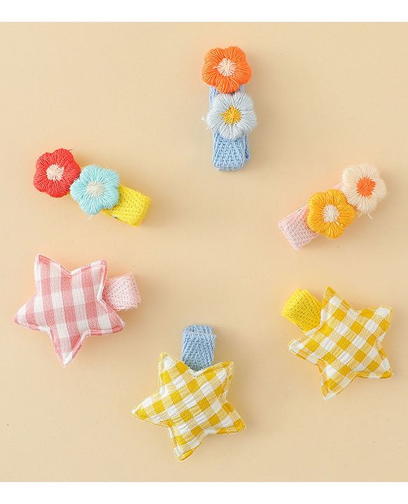 Babyhug Hair Clips with Star & Floral Applique Pack of 6 - Blue Pink