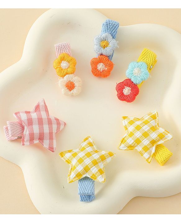Babyhug Hair Clips with Star & Floral Applique Pack of 6 - Blue Pink