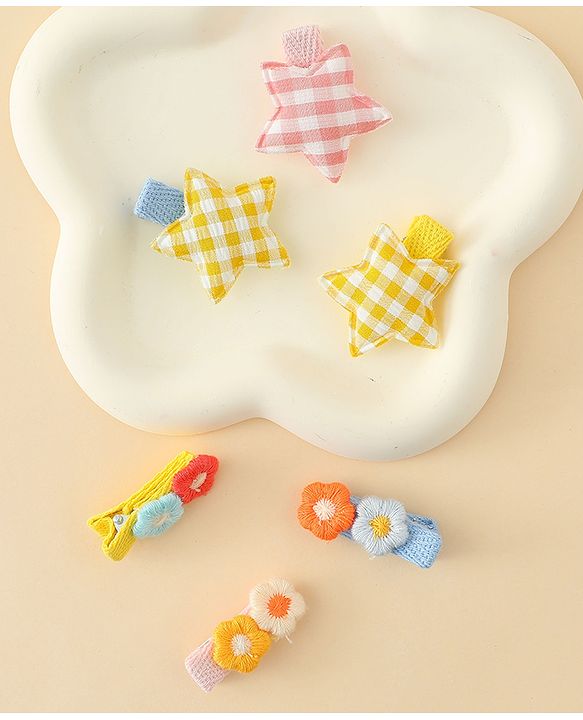 Babyhug Hair Clips with Star & Floral Applique Pack of 6 - Blue Pink