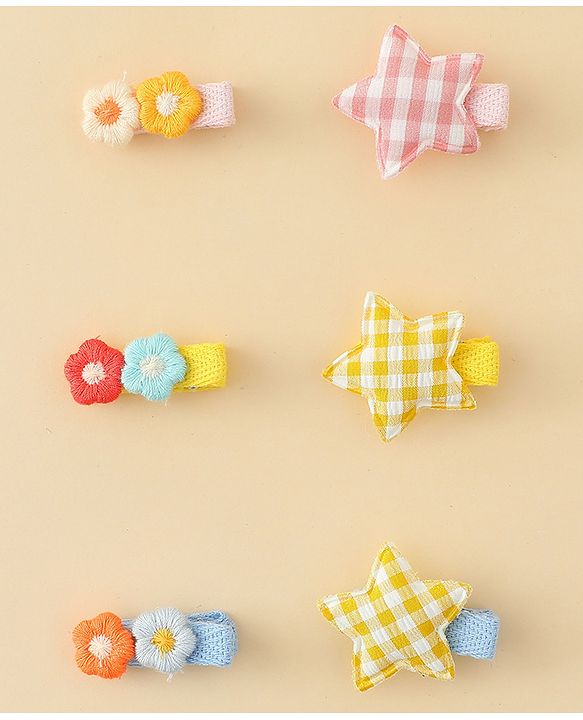 Babyhug Hair Clips with Star & Floral Applique Pack of 6 - Blue Pink