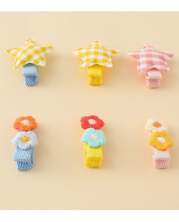 Babyhug Hair Clips with Star & Floral Applique Pack of 6 - Blue Pink