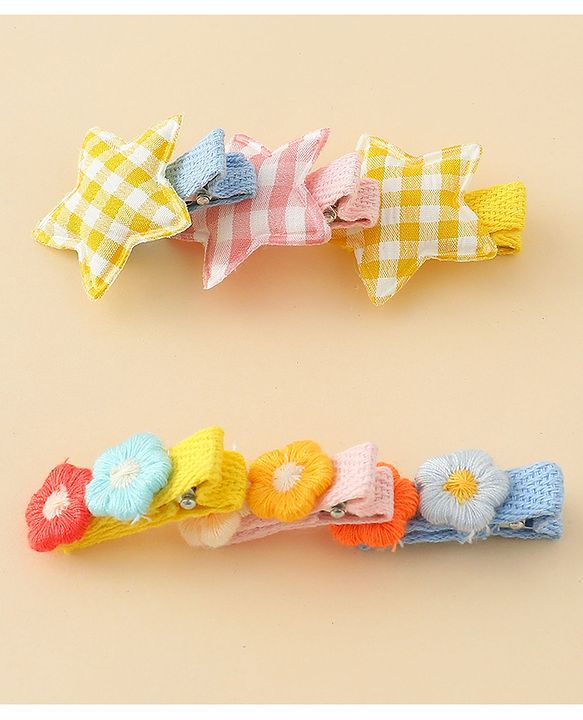 Babyhug Hair Clips with Star & Floral Applique Pack of 6 - Blue Pink