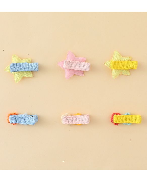 Babyhug Hair Clips with Star & Floral Applique Pack of 6 - Blue Pink
