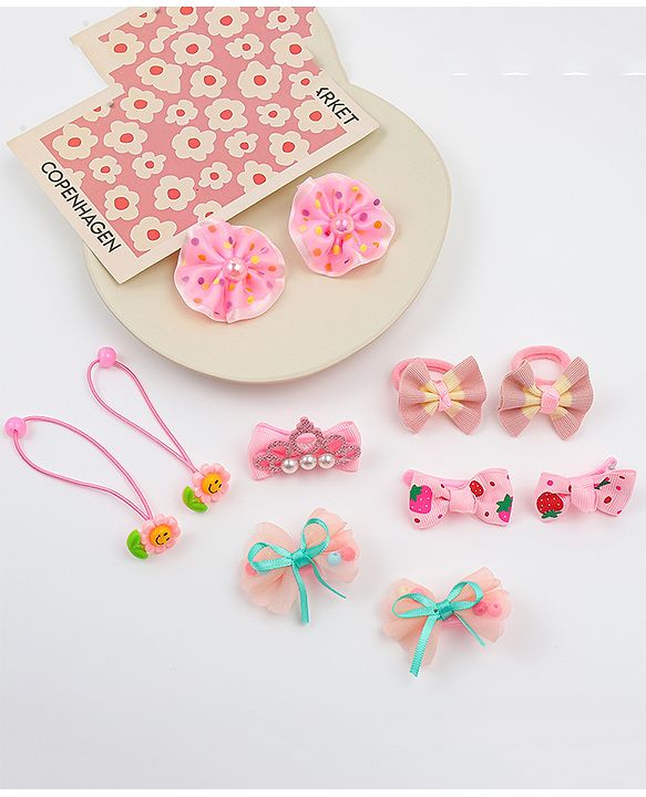 Babyhug Hair Clips & Rubber Bands Combo Set with Floral Applique Free Size - Pink