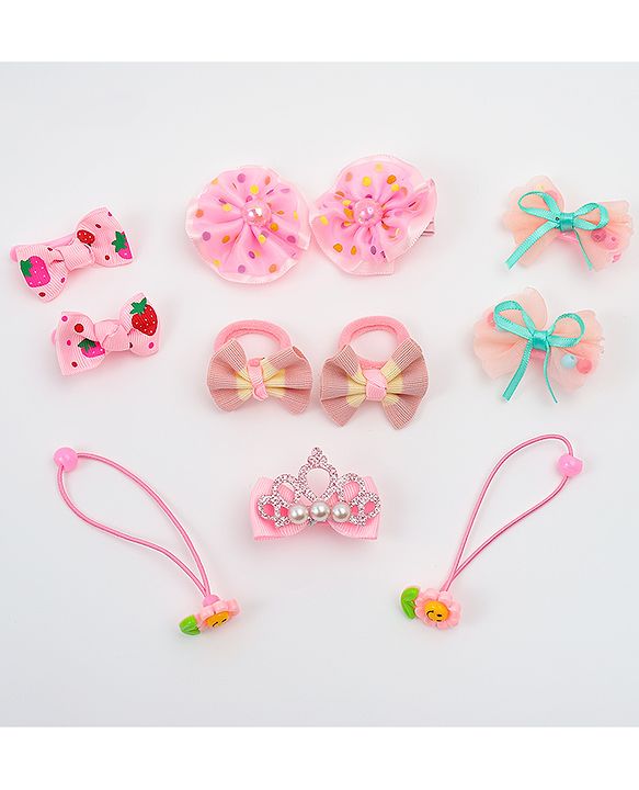 Babyhug Hair Clips & Rubber Bands Combo Set with Floral Applique Free Size - Pink