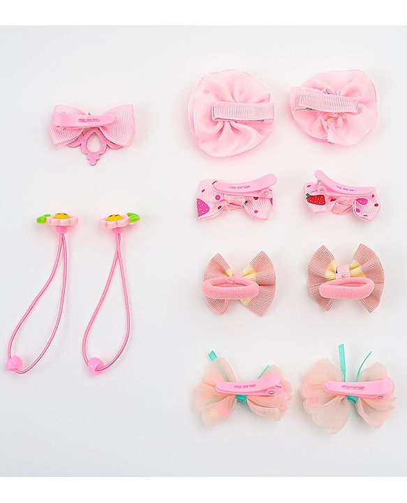 Babyhug Hair Clips & Rubber Bands Combo Set with Floral Applique Free Size - Pink