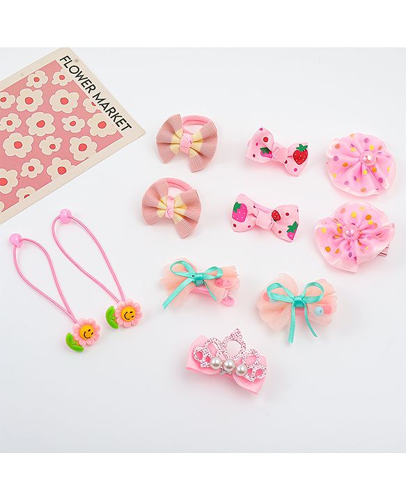 Babyhug Hair Clips & Rubber Bands Combo Set with Floral Applique Free Size - Pink