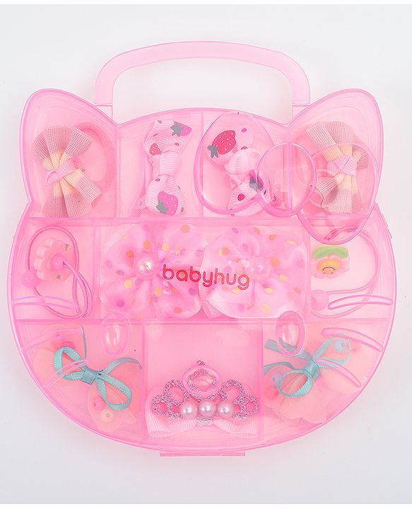 Babyhug Hair Clips & Rubber Bands Combo Set with Floral Applique Free Size - Pink