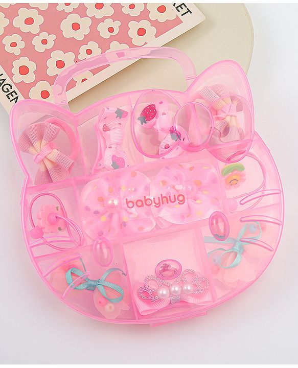 Babyhug Hair Clips & Rubber Bands Combo Set with Floral Applique Free Size - Pink