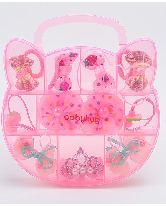 Babyhug Hair Clips & Rubber Bands Combo Set with Floral Applique Free Size - Pink