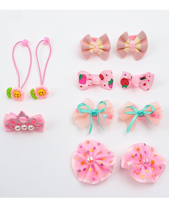 Babyhug Hair Clips & Rubber Bands Combo Set with Floral Applique Free Size - Pink