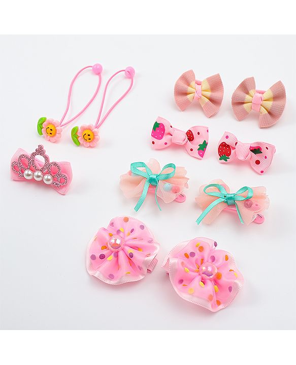 Babyhug Hair Clips & Rubber Bands Combo Set with Floral Applique Free Size - Pink