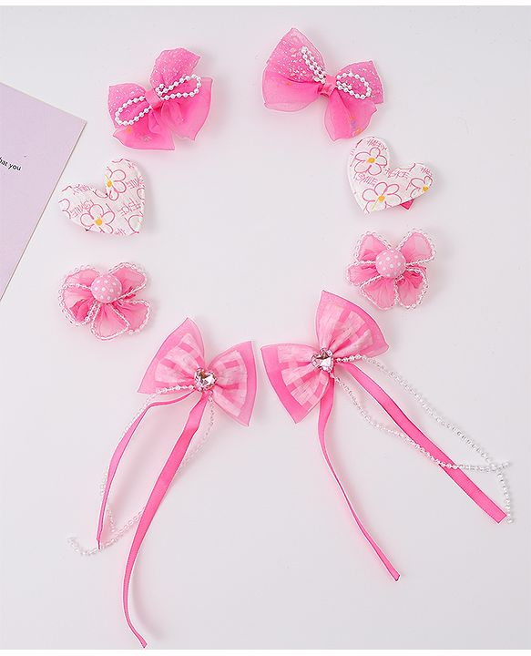 Babyhug Hair Clips with Bow, Floral and Heart Applique Pack of 8 - Pink