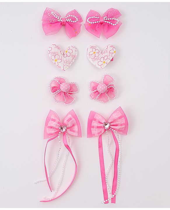 Babyhug Hair Clips with Bow, Floral and Heart Applique Pack of 8 - Pink