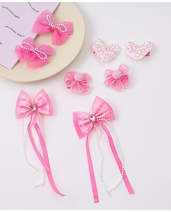 Babyhug Hair Clips with Bow, Floral and Heart Applique Pack of 8 - Pink