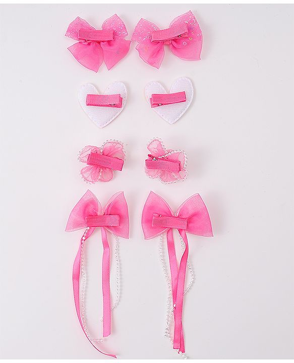 Babyhug Hair Clips with Bow, Floral and Heart Applique Pack of 8 - Pink