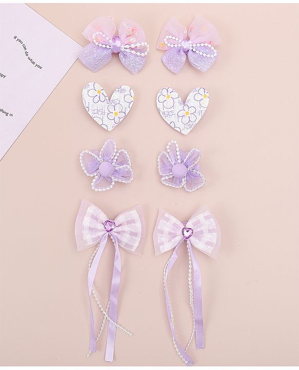 Babyhug Hair Clips with Bow, Floral and Heart Applique Pack of 8 - Pink