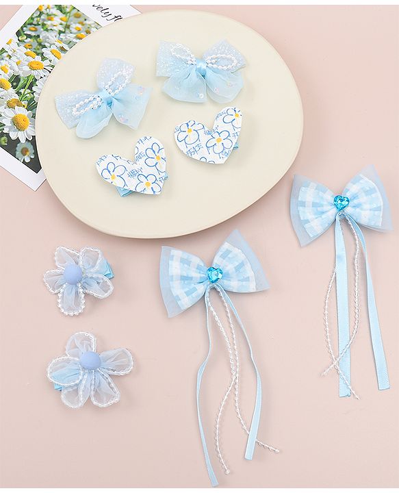 Babyhug Hair Pins And Clips WIth Floral And Hearts Applique  Free Size Pack of 8 - Blue