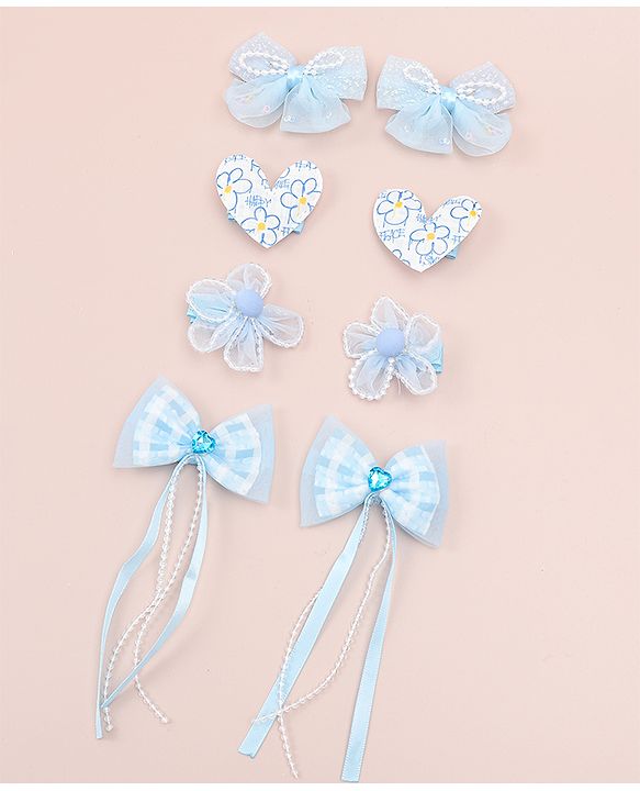 Babyhug Hair Pins And Clips WIth Floral And Hearts Applique  Free Size Pack of 8 - Blue