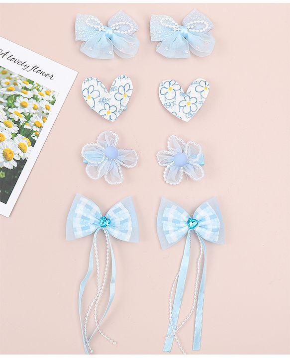 Babyhug Hair Pins And Clips WIth Floral And Hearts Applique  Free Size Pack of 8 - Blue