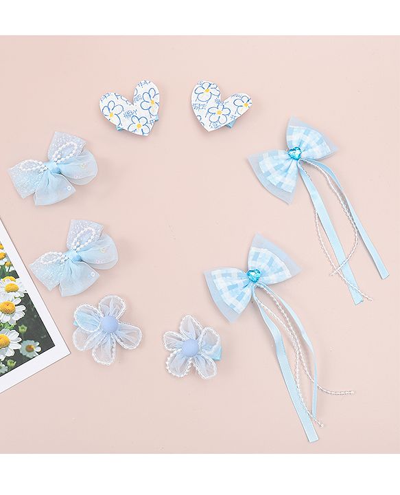 Babyhug Hair Pins And Clips WIth Floral And Hearts Applique  Free Size Pack of 8 - Blue