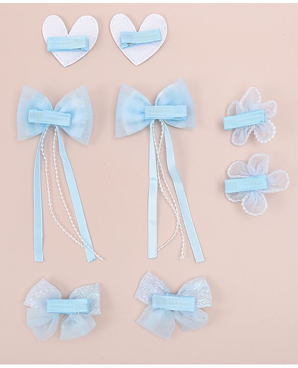 Babyhug Hair Pins And Clips WIth Floral And Hearts Applique  Free Size Pack of 8 - Blue