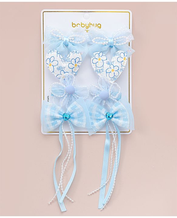 Babyhug Hair Pins And Clips WIth Floral And Hearts Applique  Free Size Pack of 8 - Blue
